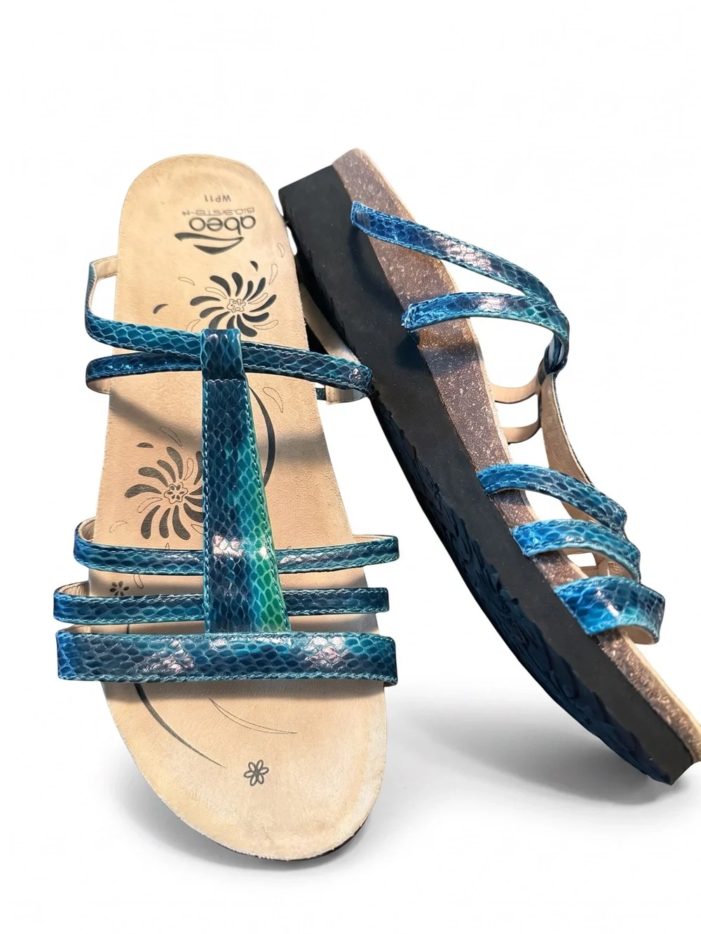 ABEO BioSystem Blue Metallic Snakeskin T Strap Comfort Sandals Women’s 11WP wide